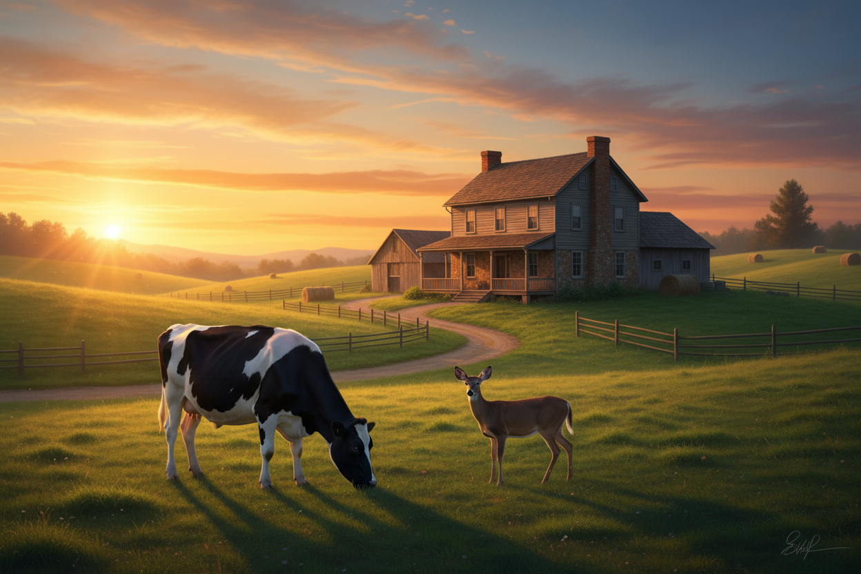 Kreiere ein Bild von einem Farmhouse im Sonnenuntergang mit Kuh (schwarz weiß gefleckt) und einem Reh im Bild